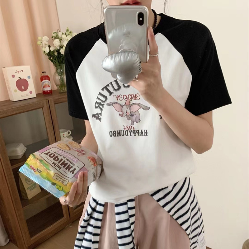 卡通小飞象抽绳短袖T恤女夏季2024新款韩版设计感小众甜辣风上衣