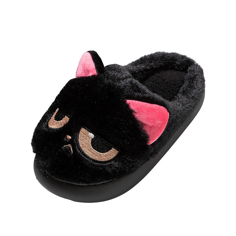 Cute little black cat cotton slippers for women at home cotton slippers for women plus velvet cotton slippers for men warm shoes confinement shoes for women Baotou slippers