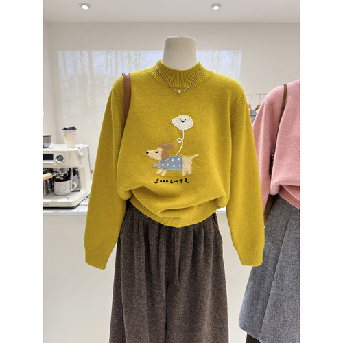 卡通小狗提花韩系冬季新款半高领宽松显瘦软糯套头针织毛衣女休闲 - 图1