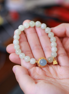 天然和田玉圆珠单圈手串女 海蓝宝称心如意吊坠配饰珠宝手链