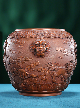 铜欣祥紫铜狮子滚绣球缸聚宝盆钵摆件公司玄关门海开业乔迁礼品