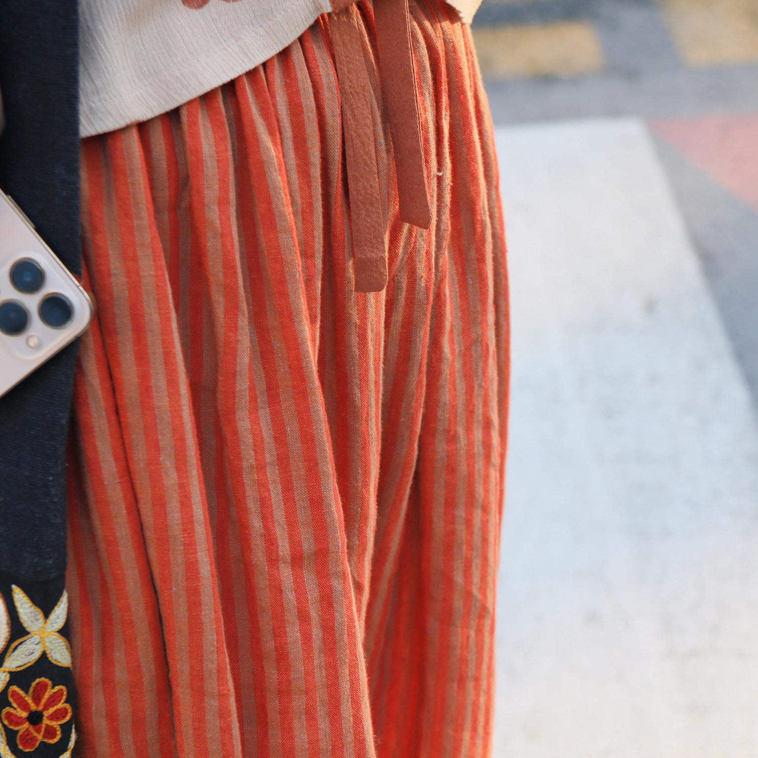 谜阿凰【柑橘气球裤】橘色竖条纹亚麻大放量夏季女裤子,淘宝优惠券,粉丝福利购,淘宝优惠卷