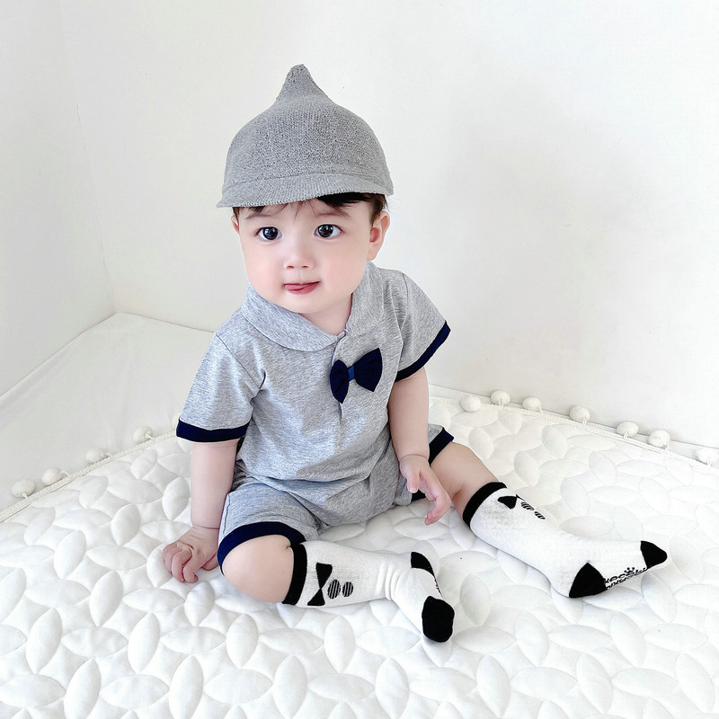 韩版夏季男宝新生儿领结绅士爬服短袖连体衣满月百日周岁礼服
