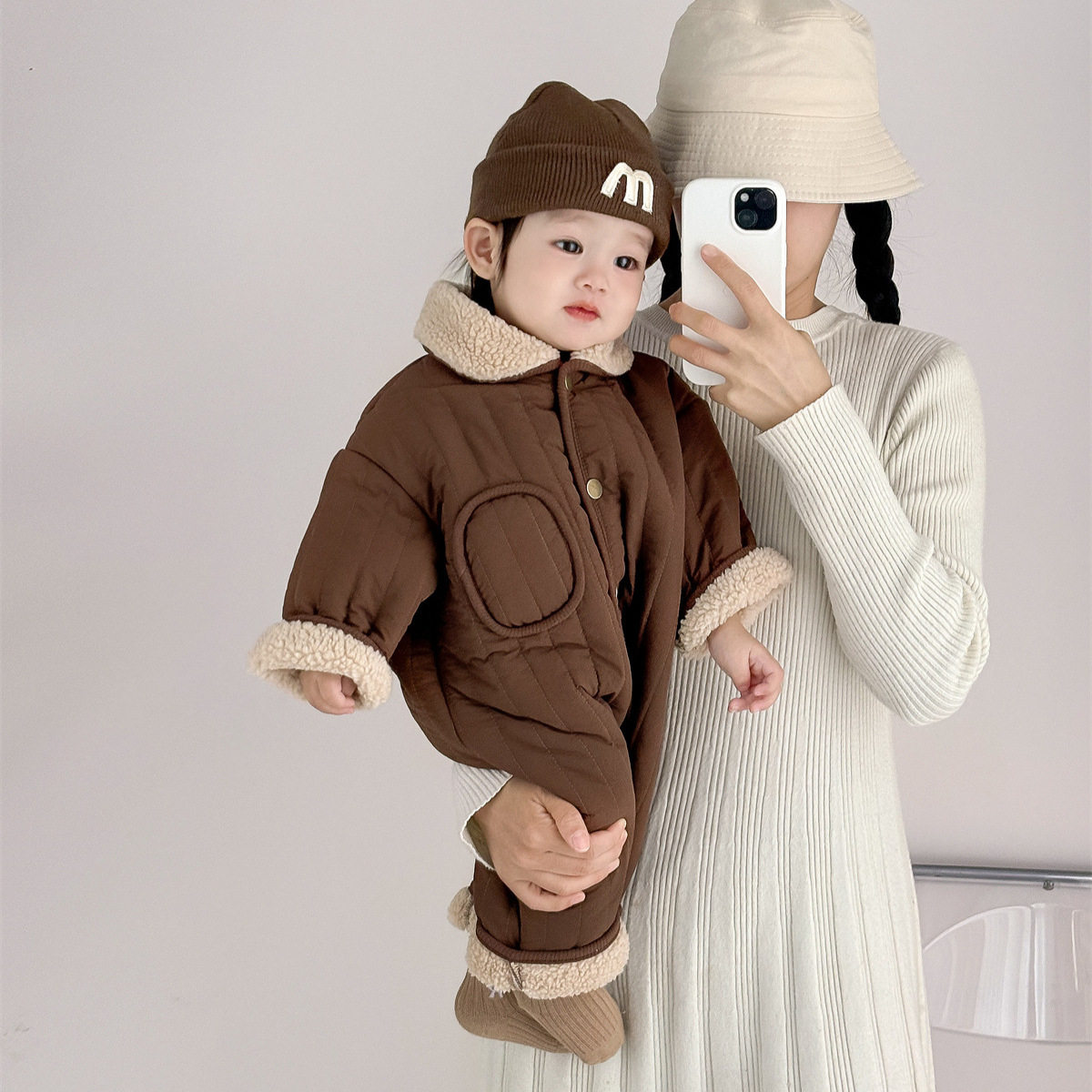 25秋冬加绒新品男女宝宝潮款哈衣爬服婴儿小棉袄连身衣咖色外出服,淘宝优惠券,粉丝福利购,淘宝优惠卷