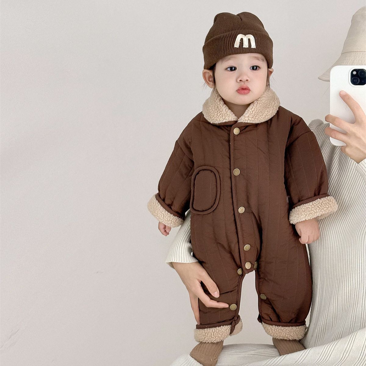 25秋冬加绒新品男女宝宝潮款哈衣爬服婴儿小棉袄连身衣咖色外出服,淘宝优惠券,粉丝福利购,淘宝优惠卷