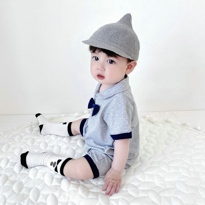 韩版夏季男宝新生儿领结绅士爬服短袖连体衣满月百日周岁礼服