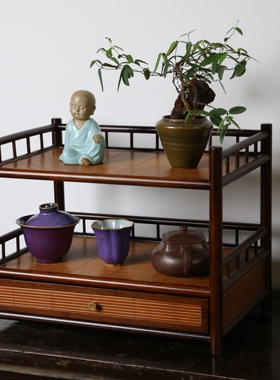 竹制双层茶架带围桌面茶壶紫砂壶置物茶杯架子茶具收纳架