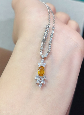 欧美黄色轻奢镶钻重工黄蓝宝项链气质婚礼宴会生日礼物超闪蓝宝石