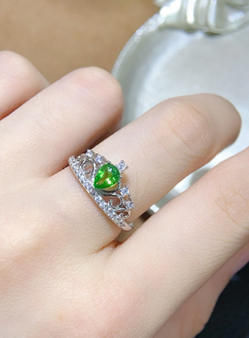 纯天然沙弗来戒指4*6mm925银镶嵌简单大气 开口可调节戒指