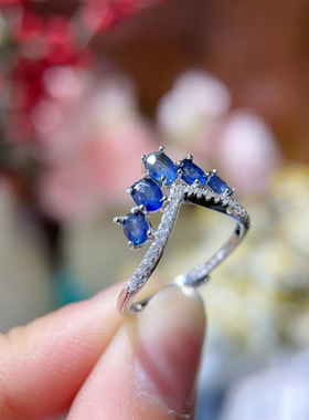 纯天然斯里兰卡蓝宝石戒指女晶体干净火彩爆闪精工银镶嵌