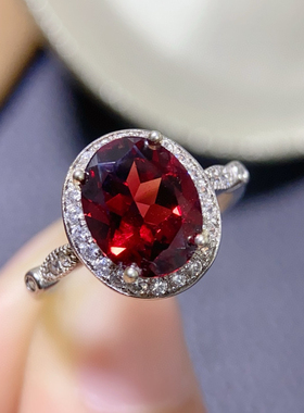 龙年五月新 8*10MM石榴石戒指18K金镶嵌钻石显气质 天然石榴石