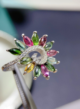 天然碧玺戒指925纯银镶嵌日韩风情侣七夕情人节礼物送女友