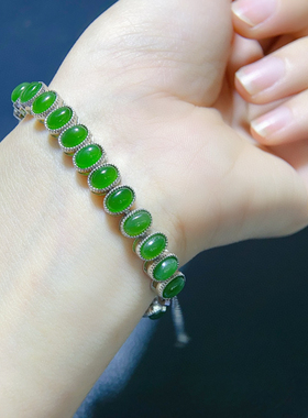 天然和田玉碧玉手链晶莹透亮高冰起荧光[色][色]，S925银精工镶嵌