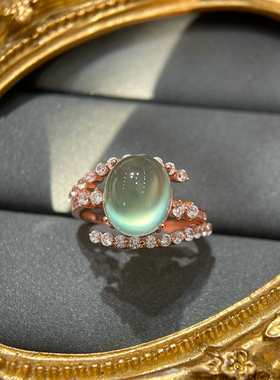 天然葡萄石戒指女冰种玉质绿翡翠色925银镀玫瑰金活口富贵可调节