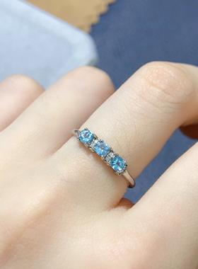 纯天然磷灰石戒指主石3mm925银精工镶嵌白金色