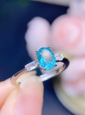 天然帕拉伊巴色托帕石戒指银镶嵌精致个性百搭小众厂家直销5x7mm