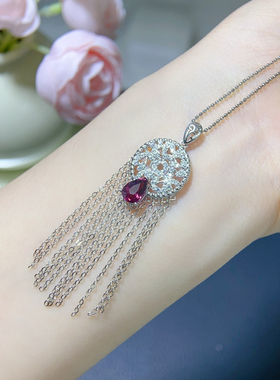 S925纯银双色流苏石榴石吊坠托水滴复古18K女银托5*7MM宫廷七