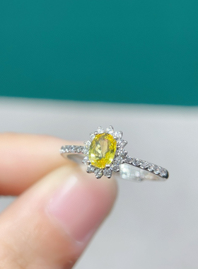 天然黄蓝宝戒指晶体全净火彩爆闪S925银精工镶嵌4*6 mm