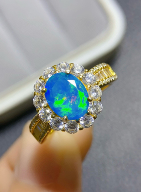 炫彩蓝欧泊戒指，绝美显白主石7*9mm，S925银精工镶嵌