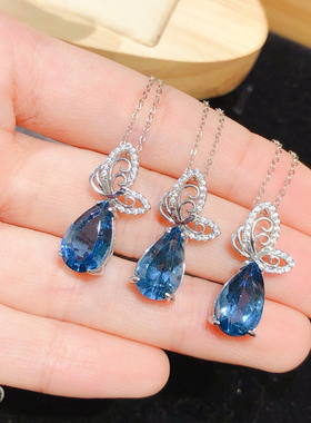 纯天然伦敦蓝托帕石吊坠，全净体品质火彩超赞 大颗粒水滴主石