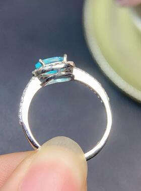 天然帕拉伊巴托帕石戒指银精工镶嵌主石尺寸5x7m精致百搭厂家直销