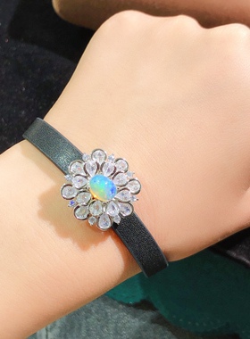 天然澳大利亚欧泊手链纯银日韩个性时尚款七彩光欧泊手串手表练