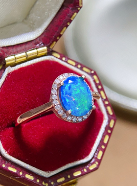 定制款 新品澳大利亚天然宝石七彩斑斓高亮蓝欧泊戒指女戒婚