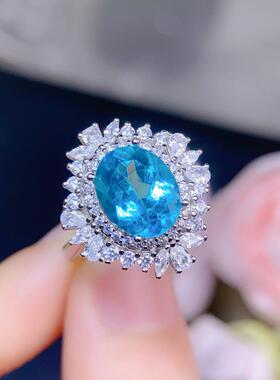 天然帕拉伊巴色托帕石戒指颜色好粒粒都是精品S925银精工镶嵌8x10