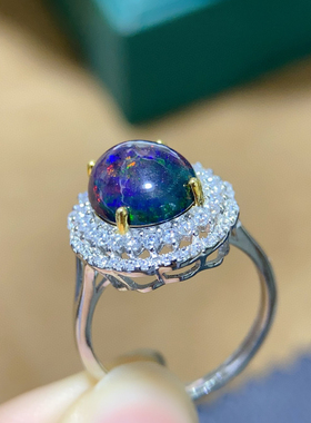 新款925纯银镀白金镶嵌天然黑欧泊吊坠欧泊项坠10*12mm火彩漂亮女