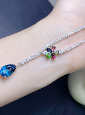 天然托帕石项链裸石尺寸8*12mm 碧玺3*5mm，925银精工镶嵌