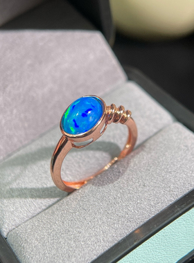 天然炫彩蓝欧泊戒指925银镀18K白金镶嵌7*9mm特惠蓝色火彩