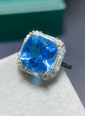纯天然瑞士蓝蓝托帕石戒指出货11*11mm925银精工镶嵌
