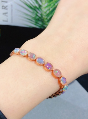 正品天然澳大利亚欧泊手链纯银日韩精致时尚款七彩光欧泊手串礼物