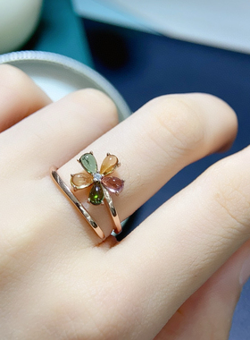 天然碧玺戒指女银镀18k金镶嵌彩色宝石时尚个性小众设计高级感