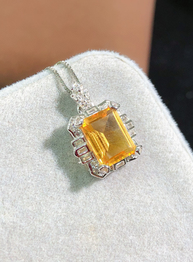 925纯银项链天然黄水晶吊坠女ins简约气质水滴形宝石锁骨链带证书