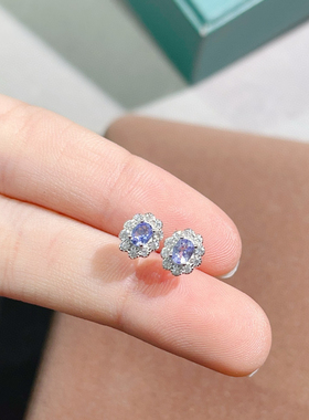 银镶天然坦桑石耳钉主石尺寸3*4mm小轻奢时尚大方支持鉴定