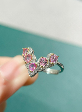 天然粉蓝宝戒指S925银精工镶嵌晶体干净火彩闪天然宝石支持复检