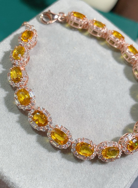 天然黄蓝宝手链颜色超好晶体全净S925银精工镶嵌主石4*6mm