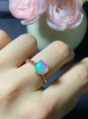 天然欧泊戒指s925银电镀白金色主石尺寸8mm欧美国外爱心欧泊超美