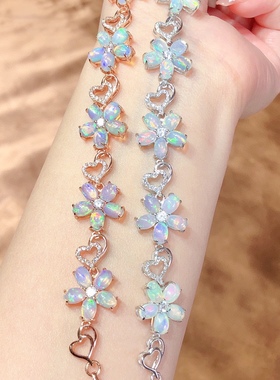 新款天然炫彩白欧泊手链 爆闪满火彩S925银精工镶嵌（配带证书）