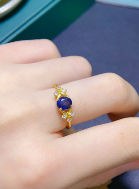 天然蓝宝石戒指晶体全净火彩爆闪S925银精工镶嵌主石5*6mm