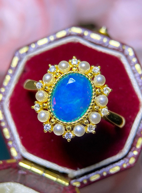 炫彩蓝欧泊戒指，绝美显白主石6*8mm，S925银精工镶嵌