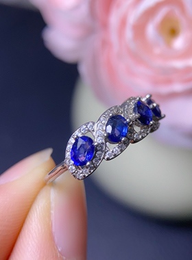 天然老烧蓝宝石戒指出货颜色好S925银精工镶嵌主石尺寸3*4mm