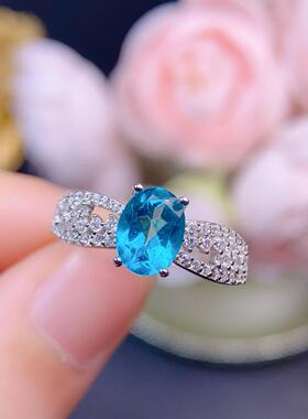 天然帕拉伊巴色托帕石戒指银镶嵌精致个性百搭小众主石6x8mm