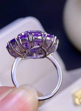 纯天然紫水晶戒指女款颜色超级棒3*4、12mms925纯银镶嵌戒白金