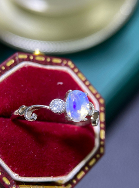 多彩夏日银镶天然欧泊戒指4*6mm时尚满火彩活口女戒