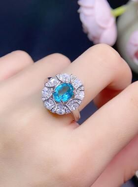 天然帕拉伊巴托帕石戒指主石6x8mm全净体品质超赞925银精工镶嵌