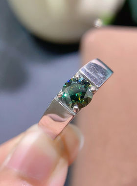 男女蓝绿色莫桑石戒指女纯银1克拉情侣对戒求婚订婚戒指情人节