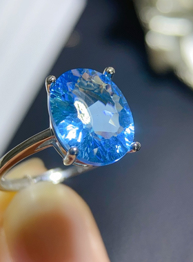 纯天然瑞士蓝蓝托帕石戒指全净体主石尺寸10*13mm925银精工镶嵌