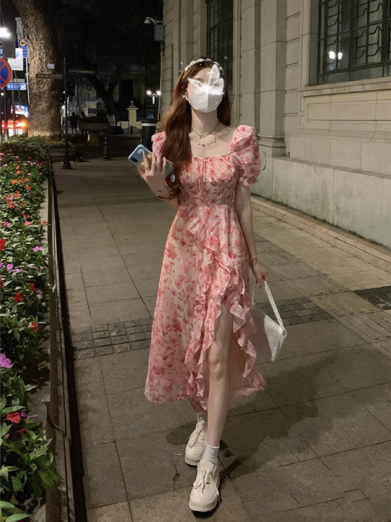 小矮个子法式性感碎花连衣裙女夏季粉色设计感不规则开叉收腰长裙-图2